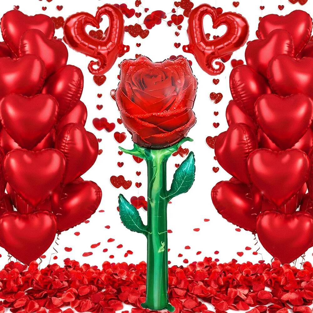 Romantic Valentines Day Decorations Heart Globos Giant Rose I LOVE YOU Foil Balloon Fake Petals For Proposal Wedding Anniversary