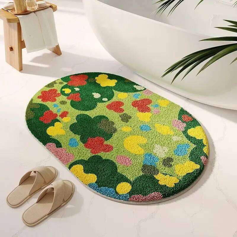 Small fresh flower bathroom floor mat, bedroom insulation and anti slip floor mat, anti fouling and easy to maintain, imitation cashmere floor mat