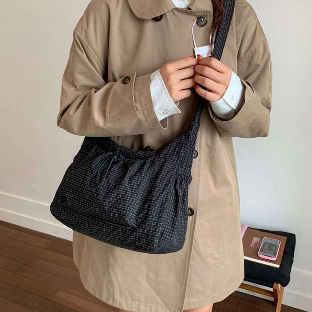 Xijiangren Retro Plaid Pleated Cloud Shoulder Bags For Women Large Capacity Ladies Crossbody Bag Drawstring Multi-Pocket Tote Handbags