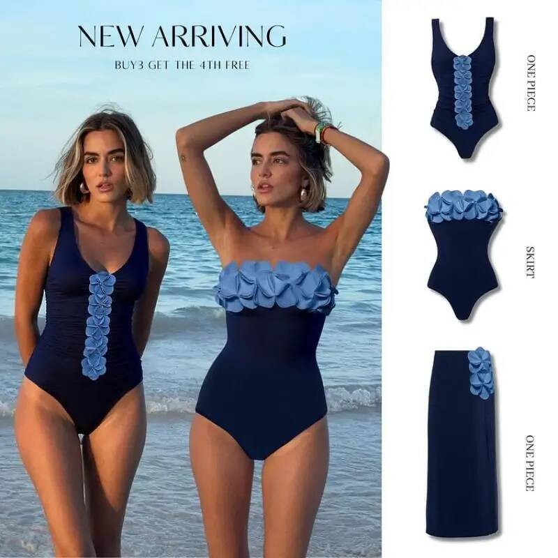 Summer One Piece Swimsuit and Skirt Flaxmaker 2025 Sexy Off The Shoulder Bandeau 3D Flower Elegant Swimwear Sets
