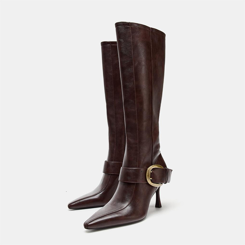 Designer Shoes Style Metal Buckle for Women Winter New Pointed High Heel Slimming Knight Boots