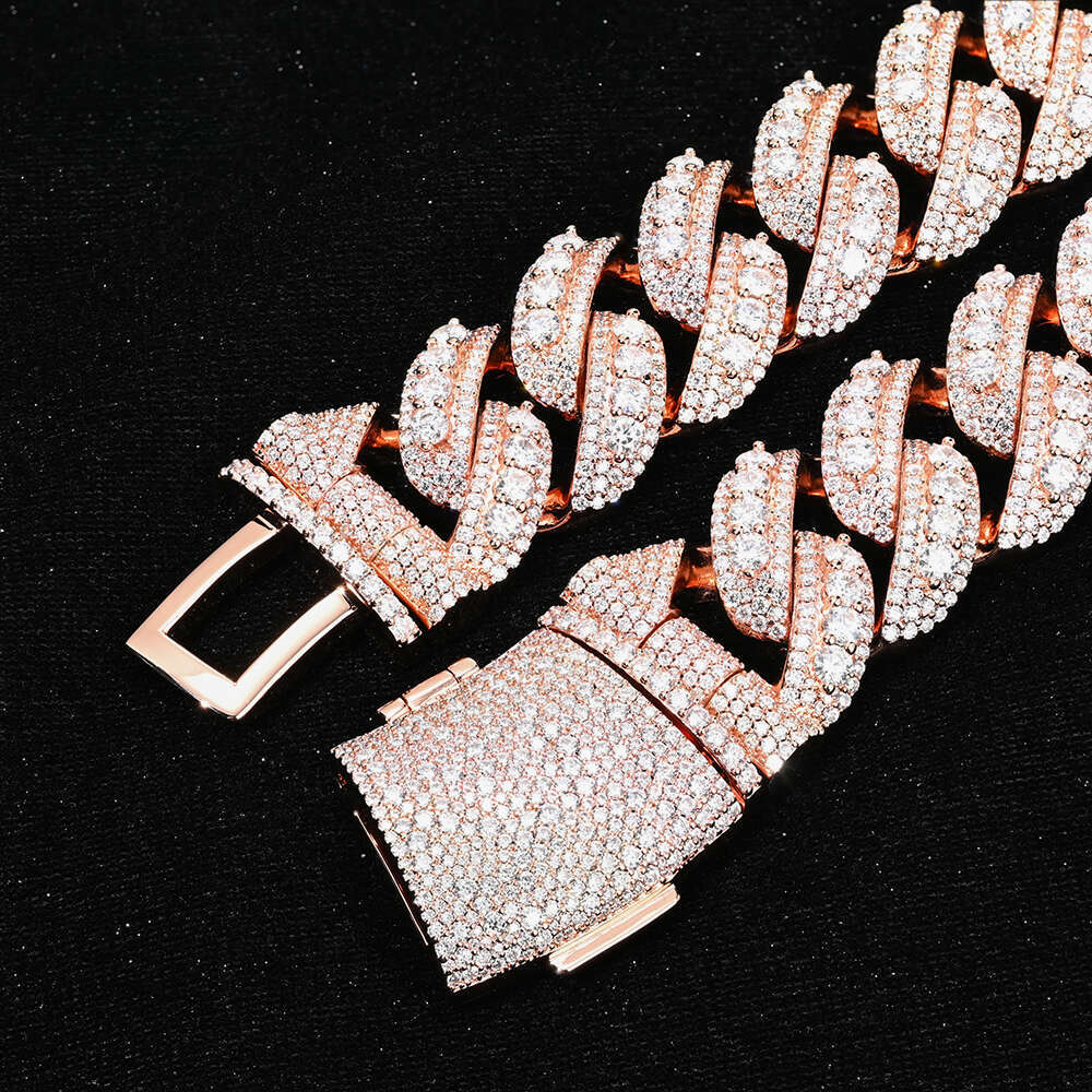 22mm Curved Flip Clasp with Raised Pointer Cuban Chain Brass Moissanite Rose Gold Plated Ice Crystal Necklace Hip Hop Jewelry
