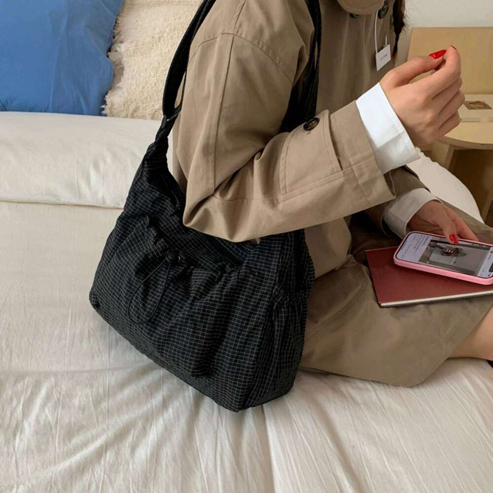 Xijiangren Retro Plaid Pleated Cloud Shoulder Bags For Women Large Capacity Ladies Crossbody Bag Drawstring Multi-Pocket Tote Handbags