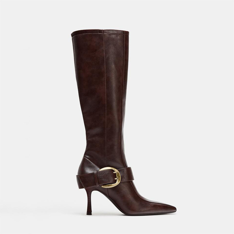 Designer Shoes Style Metal Buckle for Women Winter New Pointed High Heel Slimming Knight Boots