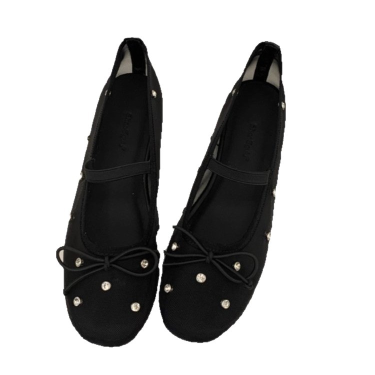 Free Shipping 2026 Crystal Embellished Ballet Flats, Mesh Mary Jane Shoes with Bow, Breathable Round Toe Casual Pumps