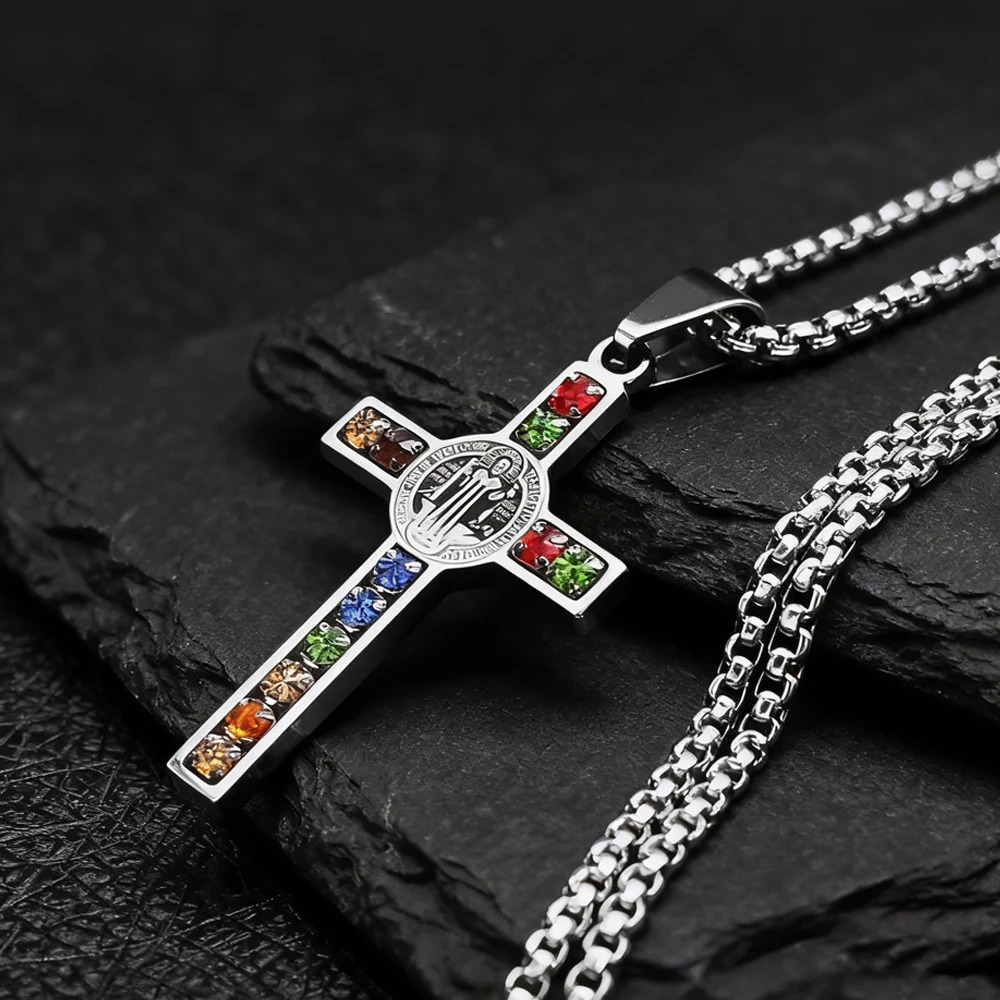 Saint Benedict Jesus Cross Stainless Steel Necklace Catholic Crucifix Male Colored Zircon Necklaces Jewelry San Benito 260113
