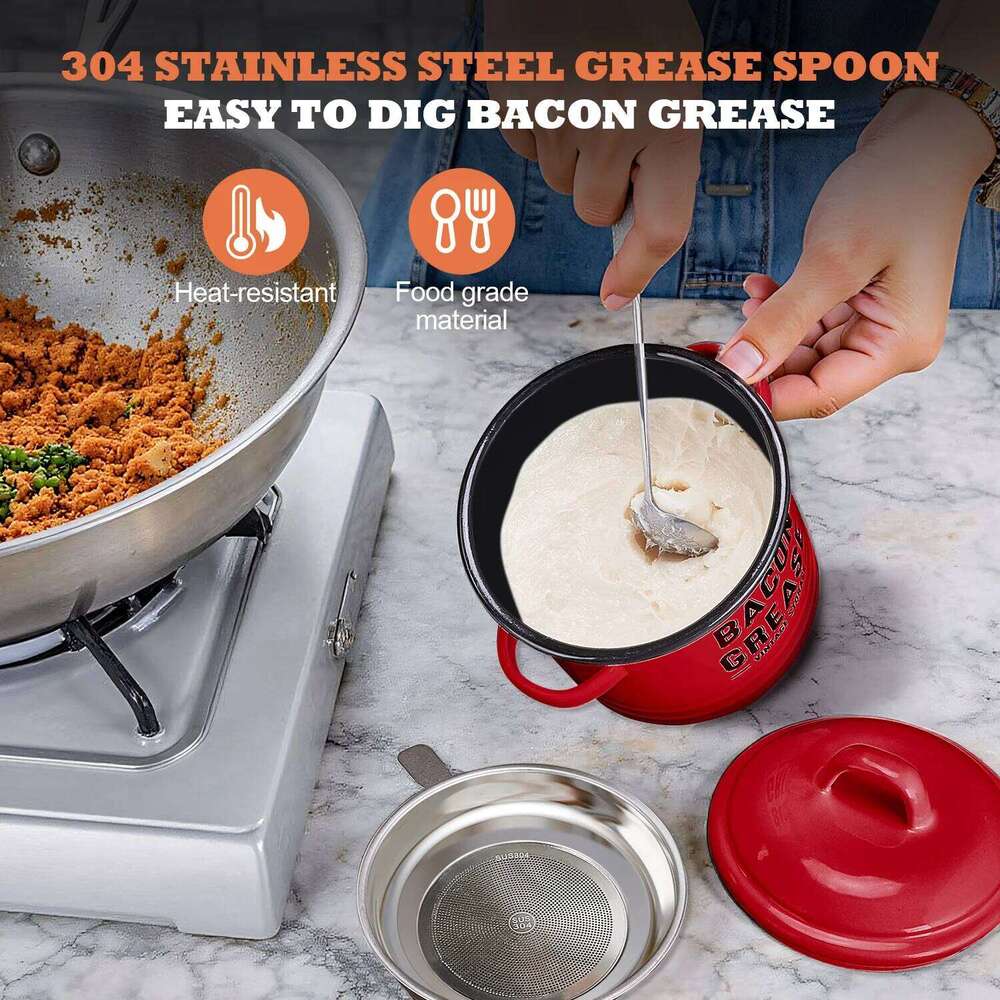 Kitchen Storage Oil Container Strainer Large Grease Can with Lid Food Grade Kitchenware Storage Tank Durable Farmhouse Bacon Drippings Pot Red Storage