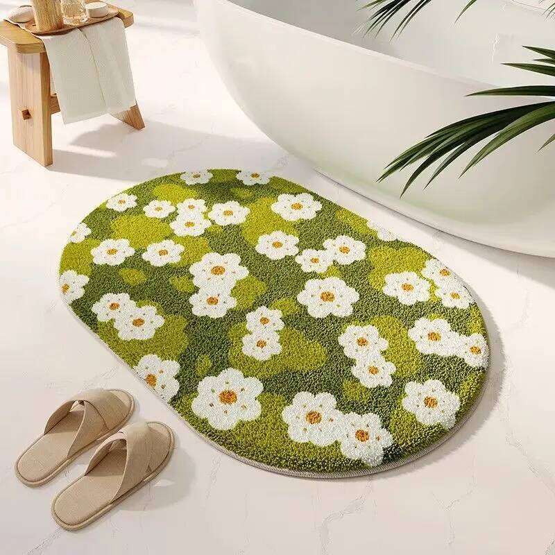 Small fresh flower bathroom floor mat, bedroom insulation and anti slip floor mat, anti fouling and easy to maintain, imitation cashmere floor mat