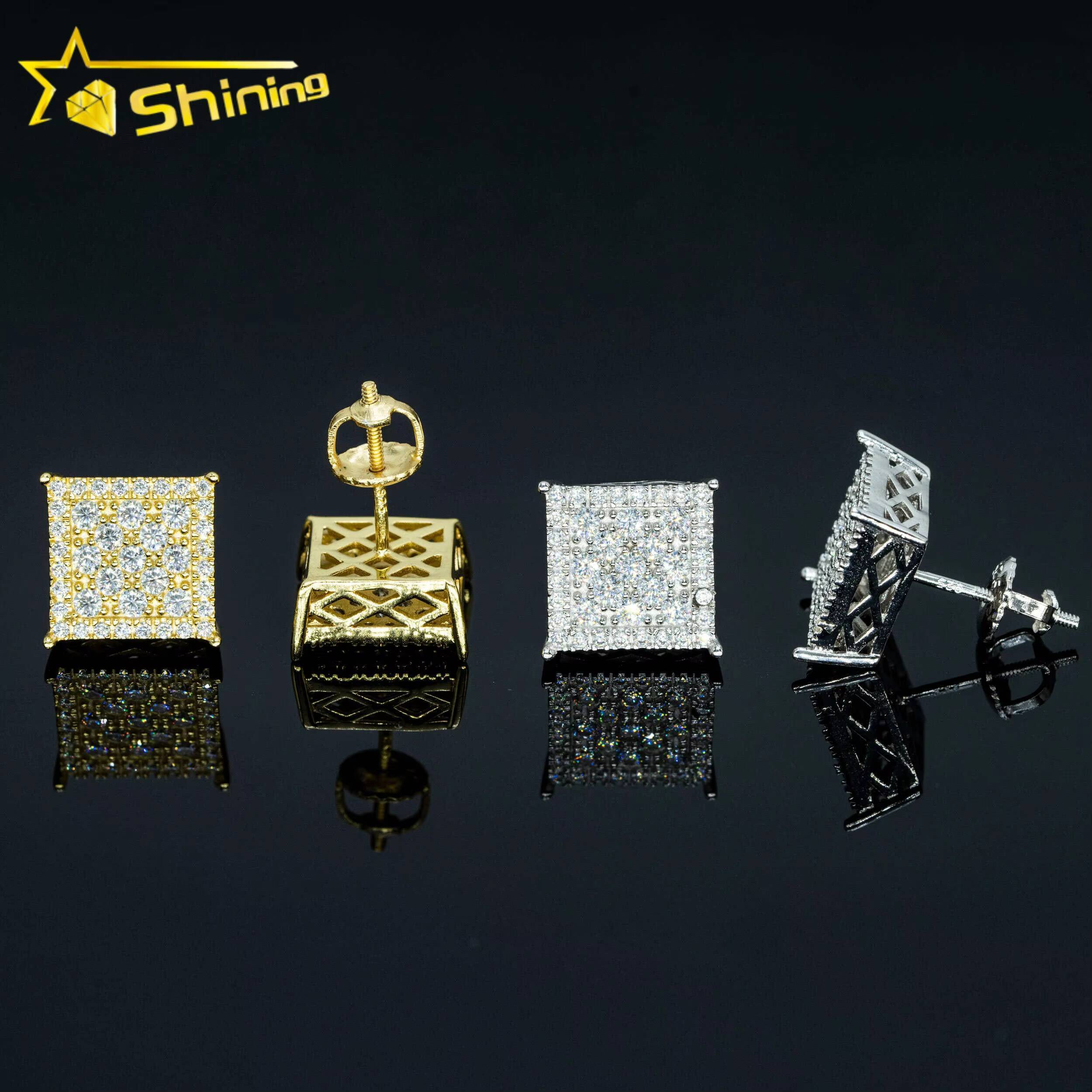 Drop Shipping Square Shape Moissanite Diamond Earrings Fashion Hip Hop Jewelry 925 Sterling Silver Stud Earrings Screw Back