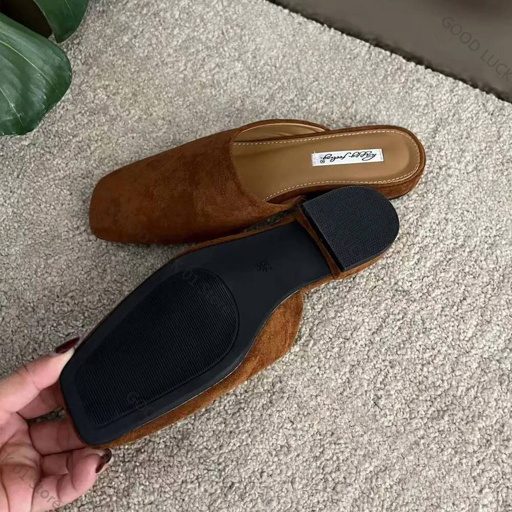 2025 New Summer Suede Low Heels Women Square Toe Leather Casual Female Daily Walk Slippers Mules Sandals ddmythur