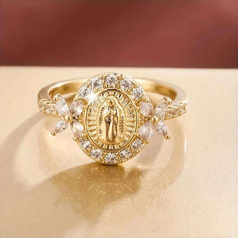 Elegant Gold Color Virgin Mary Ring with Synthetic Zirconia - Perfect for Casual Attire & Special Occasions