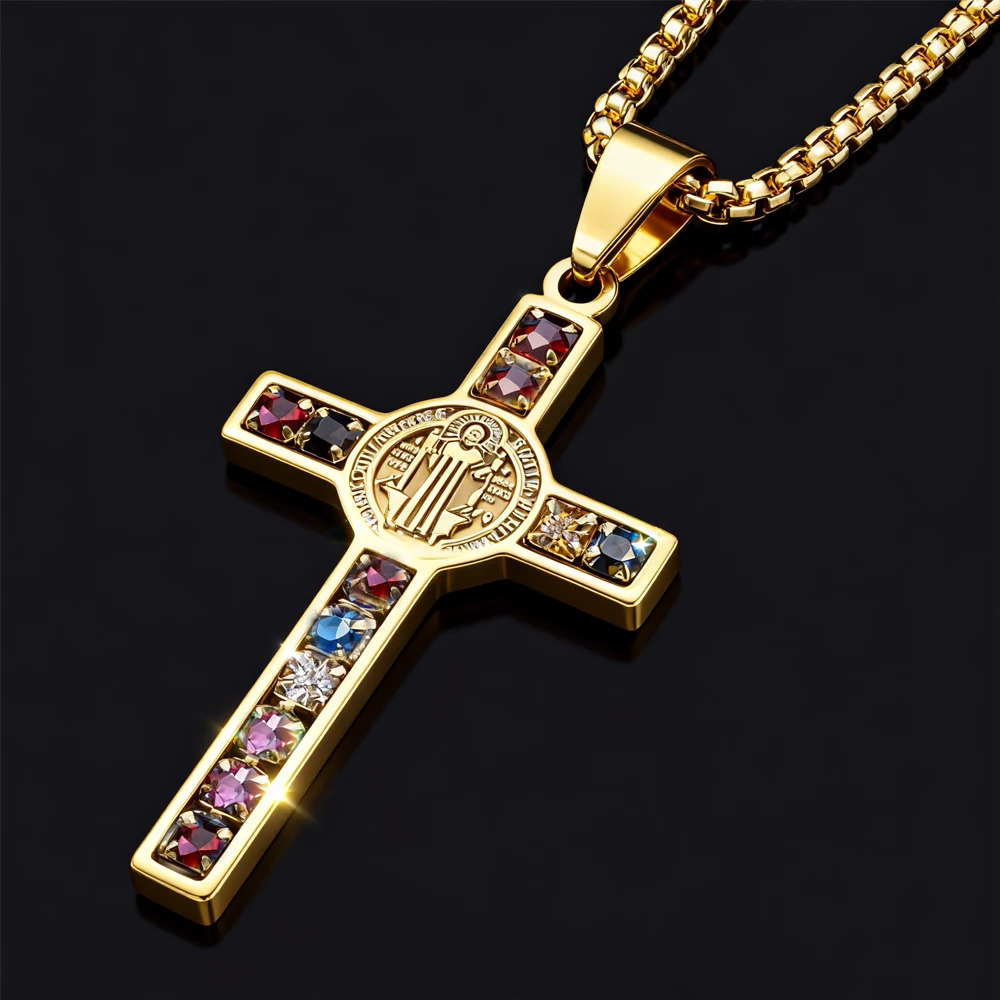 Saint Benedict Jesus Cross Stainless Steel Necklace Catholic Crucifix Male Colored Zircon Necklaces Jewelry San Benito 260113