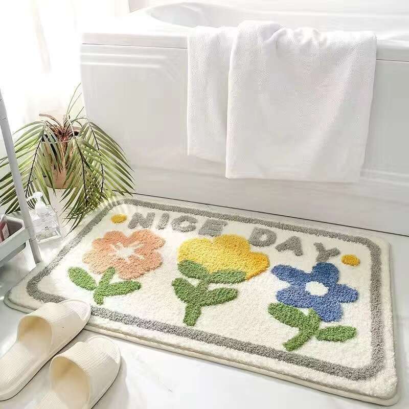 Flowers, imitation cashmere, bathroom, toilet, bedroom, absorbent, non-slip floor mat, household plush, soft carpet