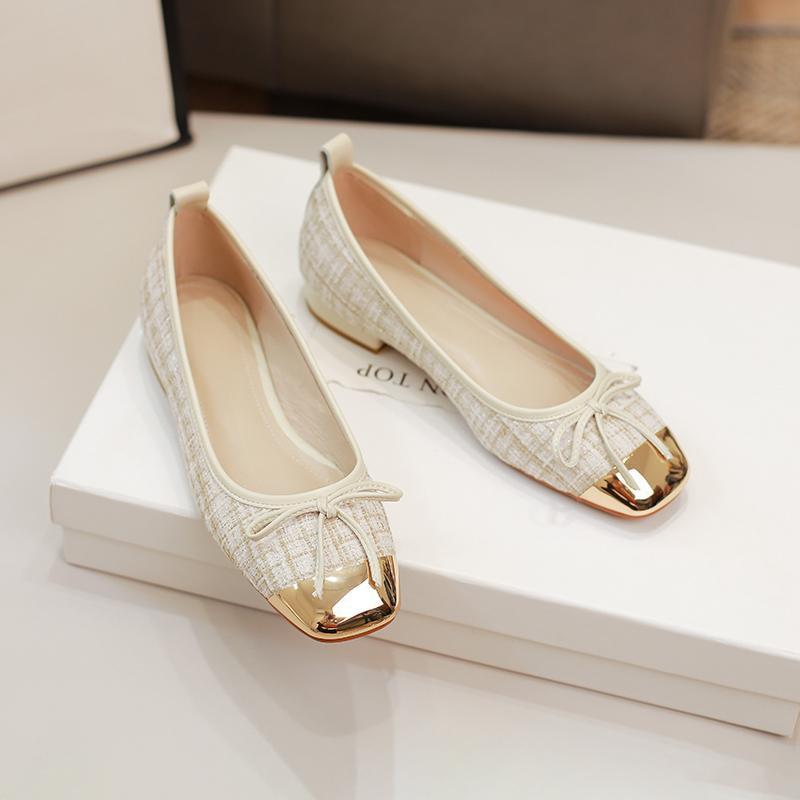 Luxury Sandals 2026 elegant Women's Tweed Ballet Flats Square Metal Cap Toe Bow Detail Casual Dress Shoes Free Shipping