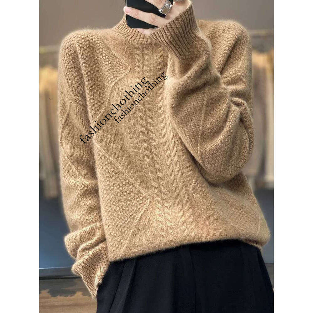 Zhehan Women Mock Neck Pullovers Cashmere Sweater Autumn Winter Thick Warm Twist Casual 100% Merino Wool Knitwear Korean Fashion Tops