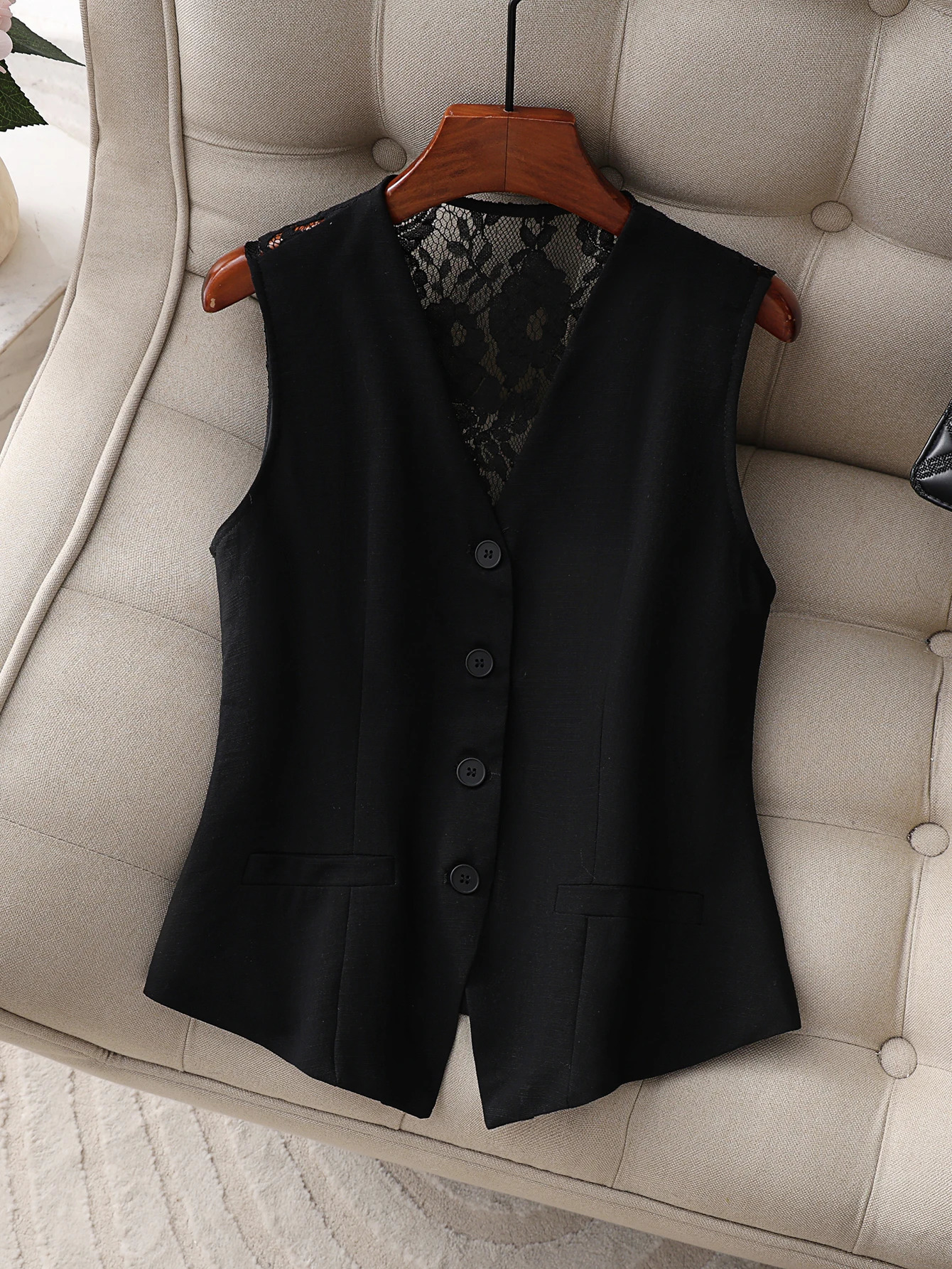 Womens Lace Back Suit Vest VNeck Button Down Waistcoat Elegant Sleeveless Blazer for Office Business Formal Wear Black 260109