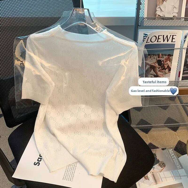 Ice Silk Base Layer Knitted Top Women's Round Neck Loose Thin Summer New Fashion French Design Ladies T-Shirt Sweater Vest