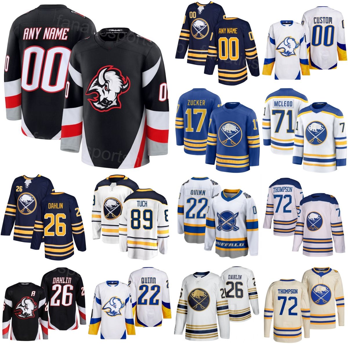 Sabres Hockey Jersey 2026 Team 72 Tage Thompson 89 Alex Tuch 26 Rasmus Dahlin 91 Josh Doan 22 Jack Quinn 17 Jason Zucker 71 Ryan McLeod 6 Zach Benson Woman Mans Kids