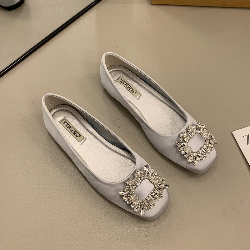 Elegant luxury Sandals 2026 Women's Square Toe Ballet Flats Rhinestone Buckle Satin Dress Shoes Free Shipping