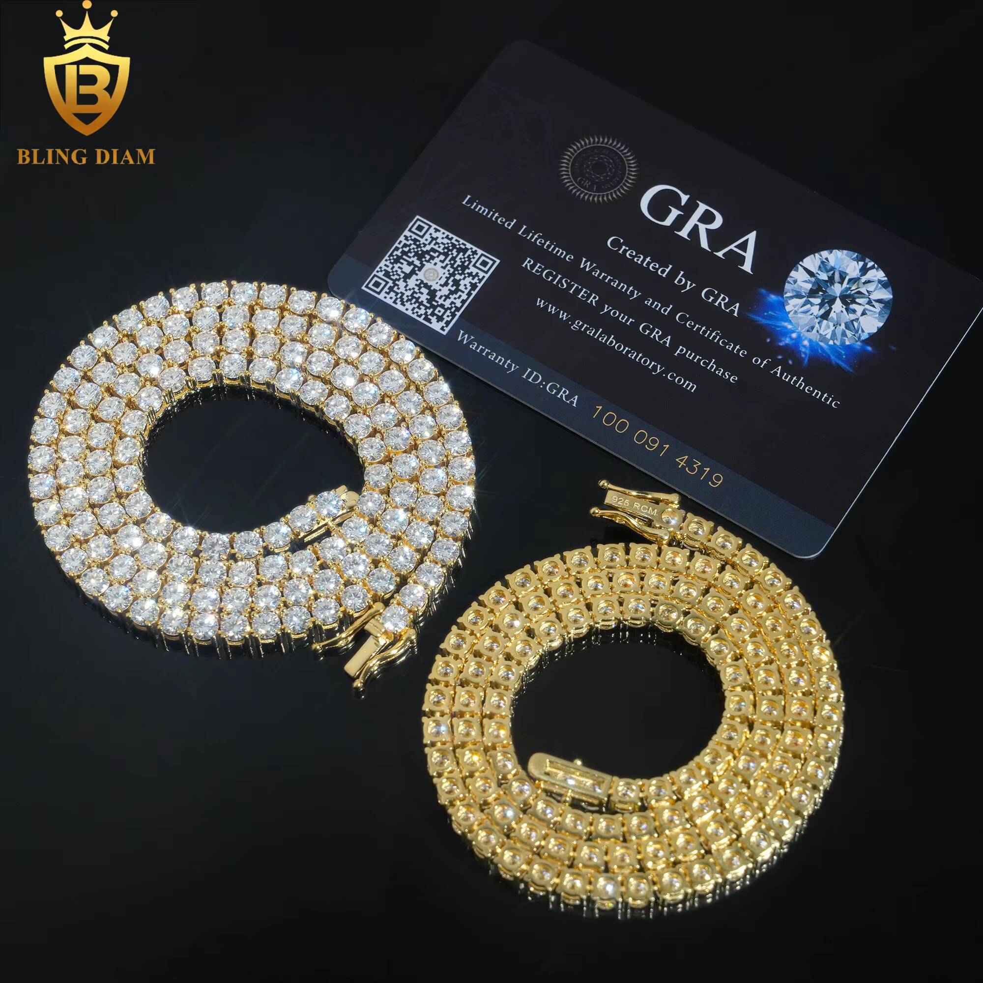 3mm 4mm Blingdiam Jewelry Wholesale Factory Low Price 925 Silver Gold Plated Vvs Mossanite Iced Out Tennis Chain