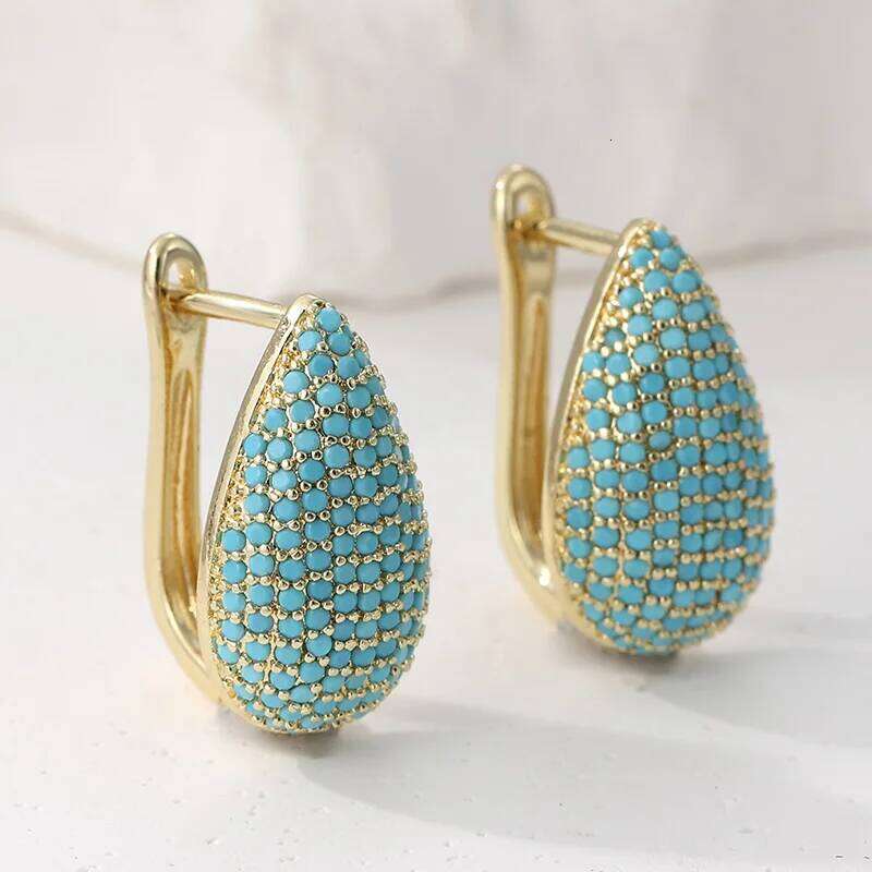 Fashion Synthetic Turquoise Inlaid Teardrop Shape Golden Plated Stud Earrings Women's Elegant Banquet Jewelry Accessories Crafts