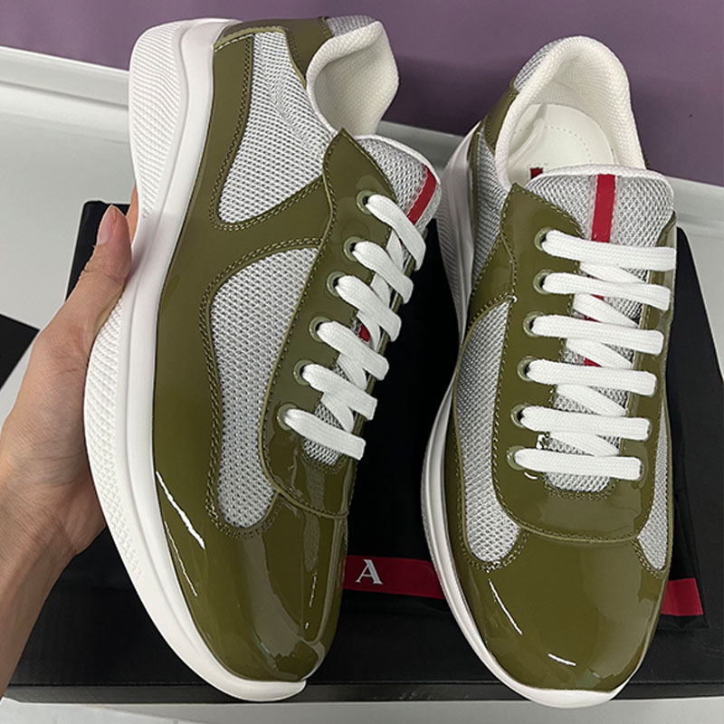 Luxury Quality Americas Cup biker fabric sneakers Double layered breathable mesh splicing calf leather mens casual shoes Technical fabric lining lady sports shoes