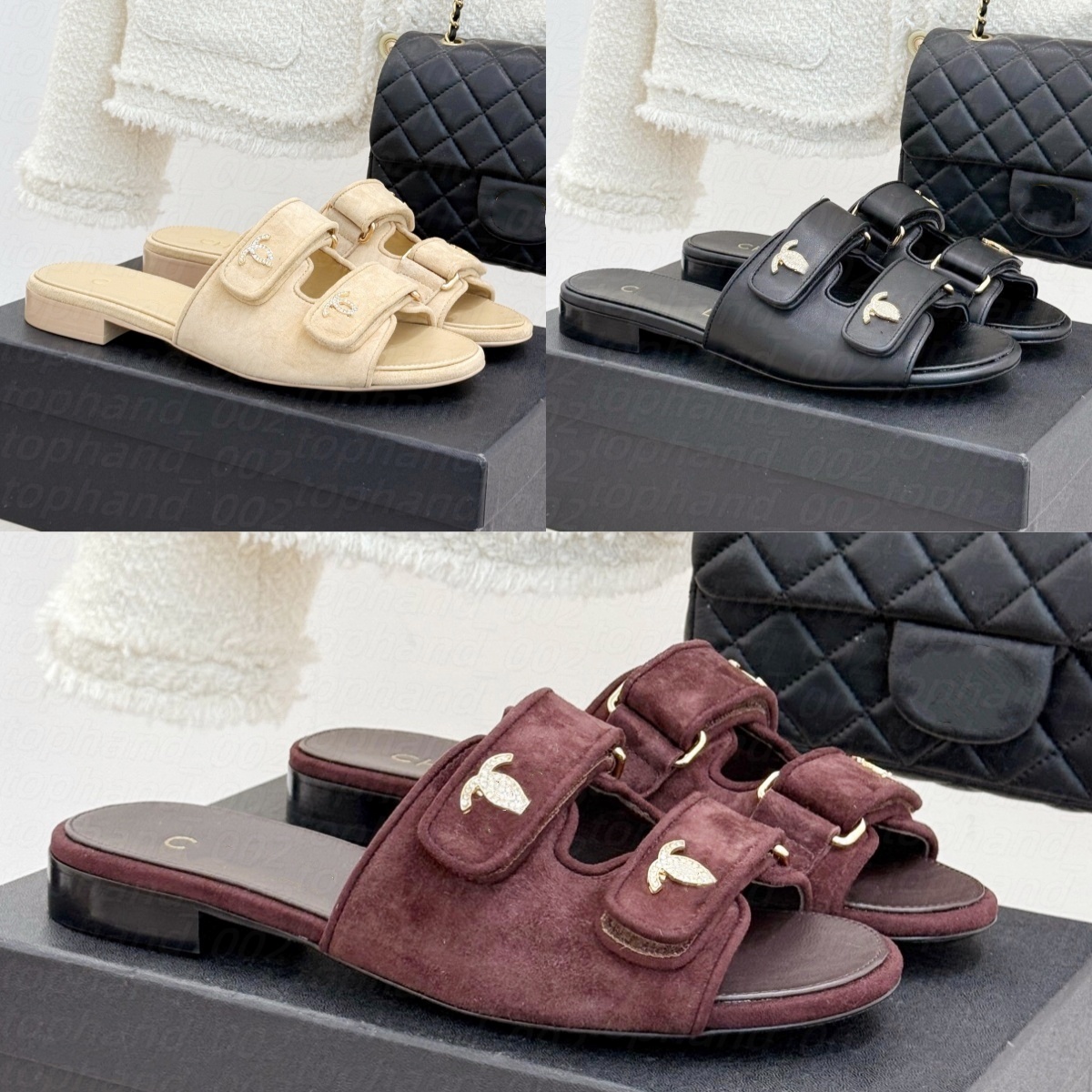 Womens designer slippers Luxury Black Double buckle Mule Sandals Leather Suede pool slide Summer beach weaving Flat sliders Outdoor Fashion Casual shoe Flip Flops