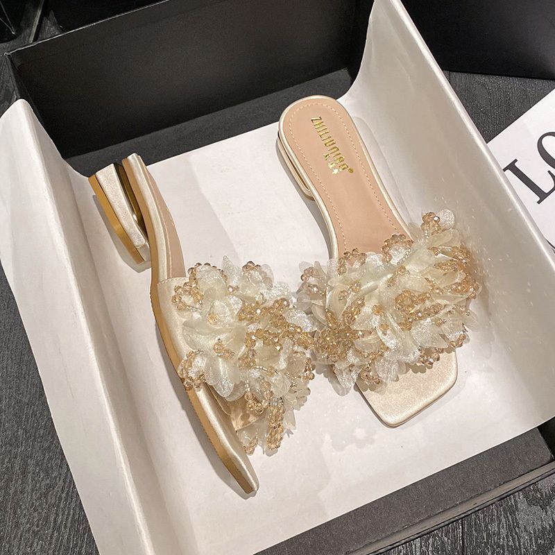 Luxury Slippers Women's Gold Square Toe Floral Beaded High Heel Mules Fashion Party Dress Sandals