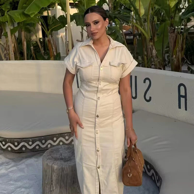 MUJER 2026 Denim Long Dress Woman Button Pleated Midi Dresses for Women Short Sleeve Jeans Womens Dress Spring Holiday Dresses 260109
