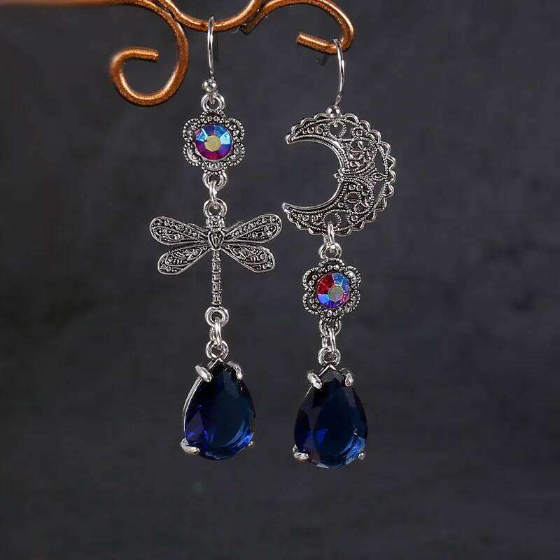 New Style Creative Dragonfly Star Asymmetrical Fashion Trend Blue Teardrop Dangle Hook Earrings