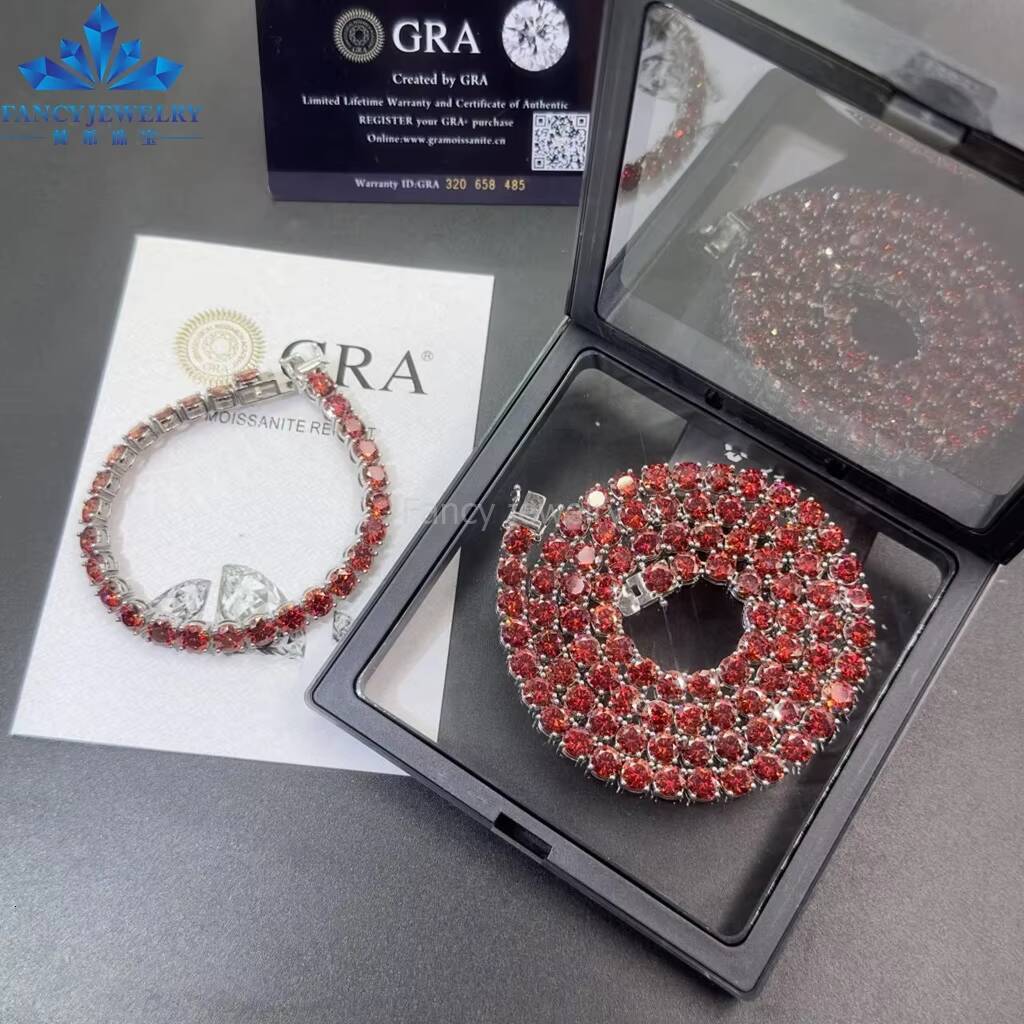Garnet Red Tennis Chain Bling HipHop Jewelry Iced Out VVS Moissanite Diamond Necklace 3mm 4mm 5mm 65mm Colored Chain