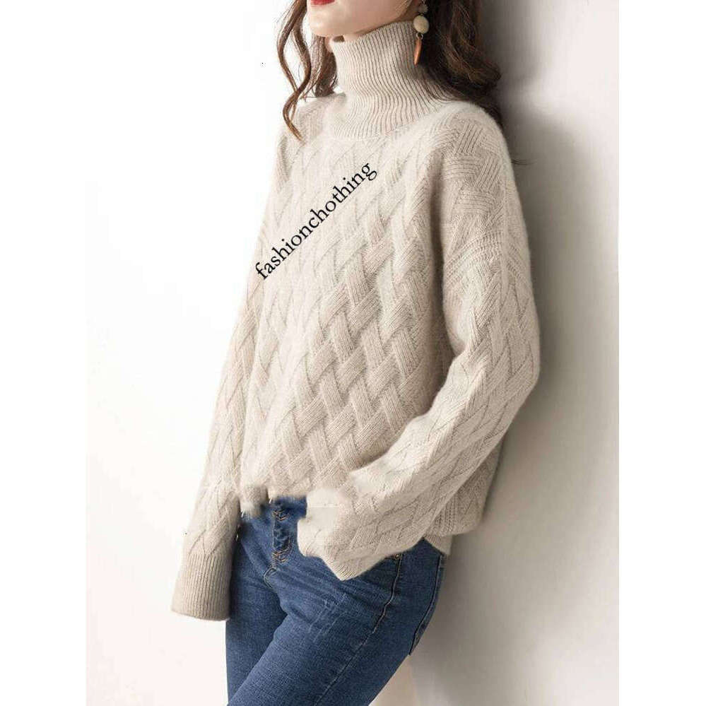 Zhehan Women's Autumn Winter Thick Mock Neck Pullover 100% Merino Wool Sweater Rhombus Knit Casual Loose Style Cashmere Knitwear