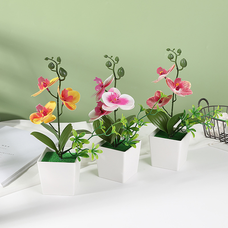Artificial Potted Phalaenopsis Fake Butterfly Orchid Faux Flowers for Home Decor Indoor Office Living Room Farmhouse Kitchen Office Desk Coffee Table Decorations
