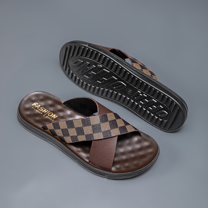 2026 Summer New Soft Cross Grid Flat Slippers Outdoor Indoor Casual Fashion Beach Sandals For Men