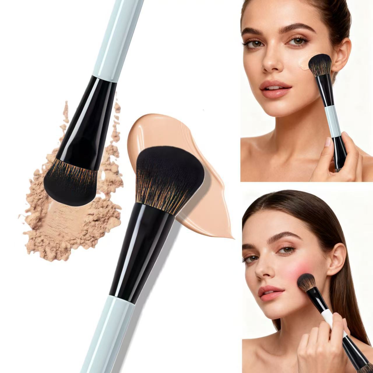 DailyQueen- MARIO Double End Portable Travel Mini Makeup Brush Set Slant FOUNDATION Cream Black White Cosmetic Powder Dual Side