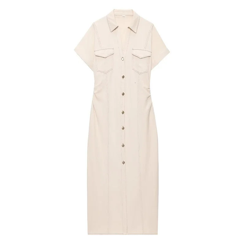 MUJER 2026 Denim Long Dress Woman Button Pleated Midi Dresses for Women Short Sleeve Jeans Womens Dress Spring Holiday Dresses 260109