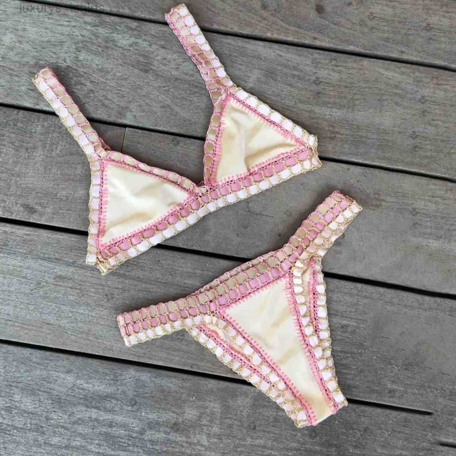 Pink Crochet Bikini 2025 Sexy Women Swimsuit Female Swimwear Micro Set Bandeau Swimming Suit Beachwear Brazilian Biquini 250821