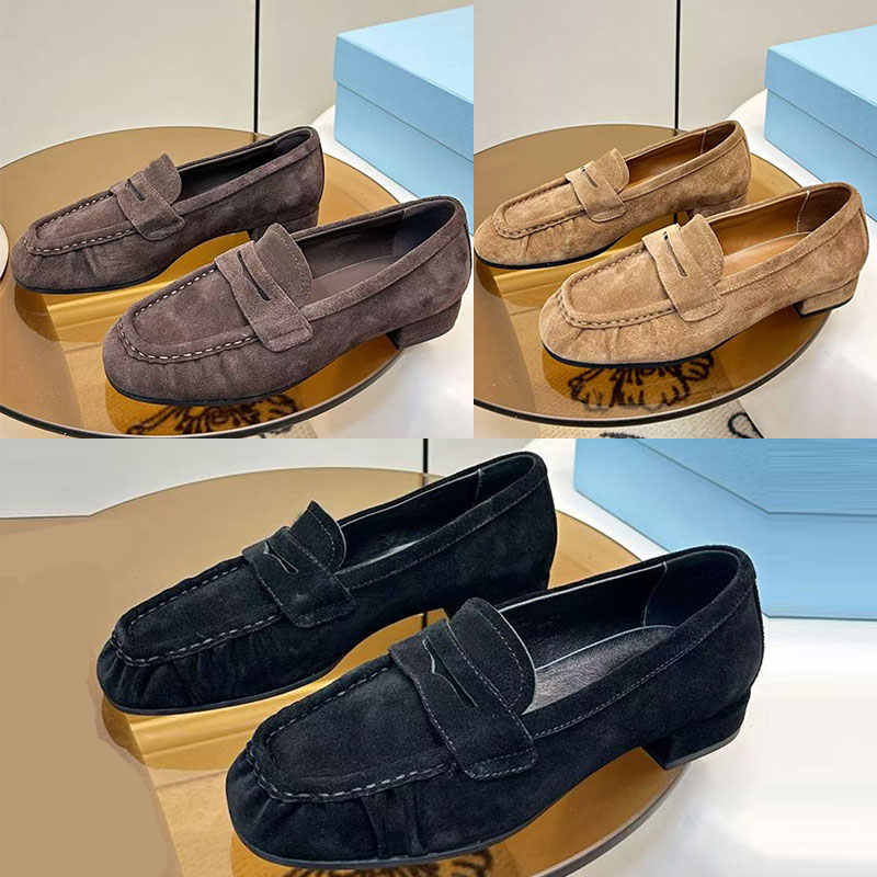 Suede loafers womens designer casual Calf leather shoes luxury brand women casual shoes pleated suede leather upper with sheepskin rubber sole daily wear Lady shoes