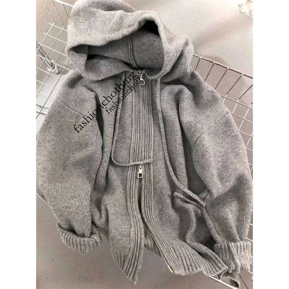Zhehan Korean Gray Hood Sweater Outerwear Women Loose Spring Autumn And Winter Outdoor Thickened Knitted Double Zipper Hoodie Coats