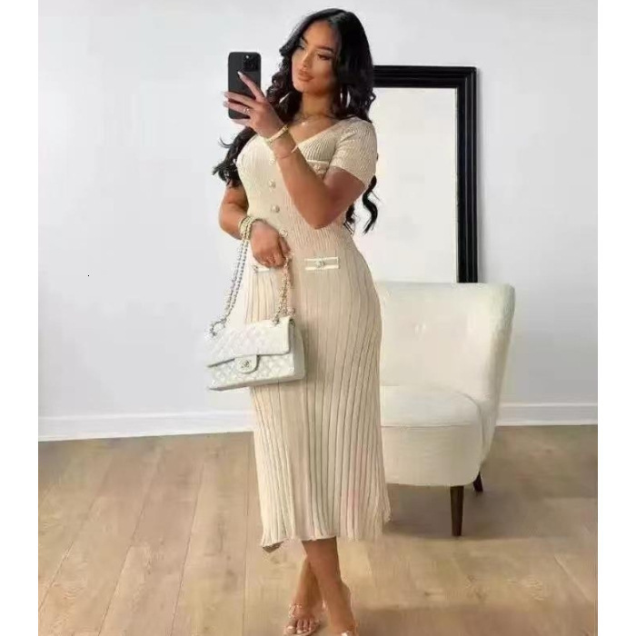 Luxury Brand Designer Clothes French Single-Breasted Knitted Dress V-Neck Slim Fit Elegant Sweater Dress European And American Women's Fashion Wo