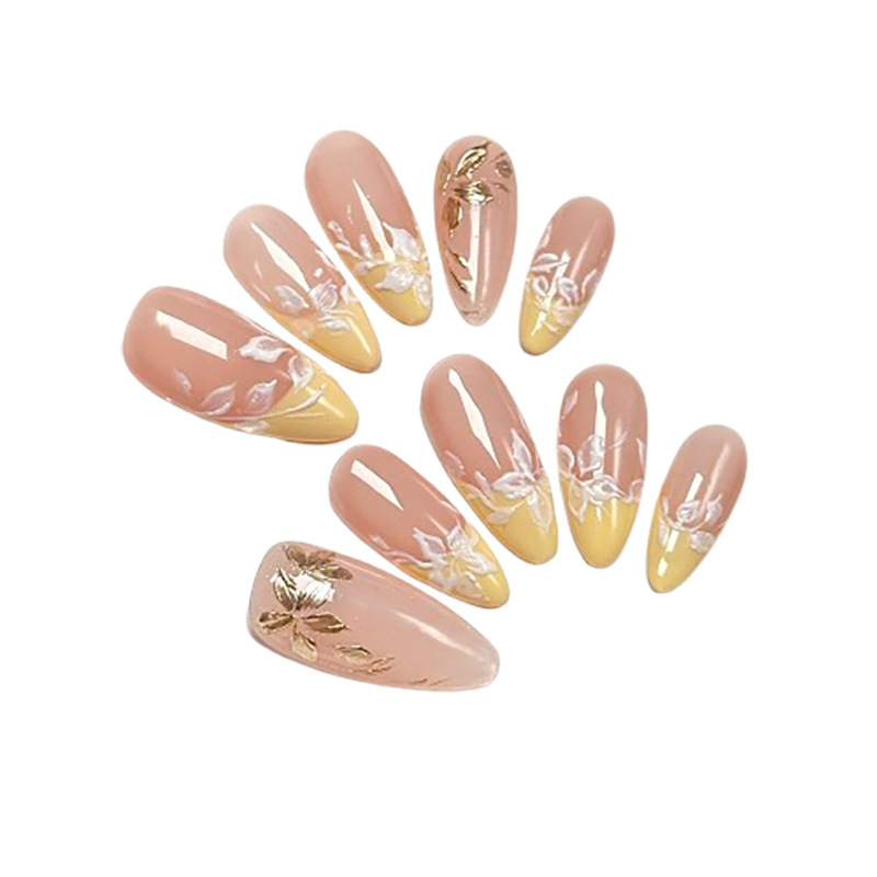 Elegant Medium-Long Almond Shape Flowers Printed Artificial Nails for DIY Manicures