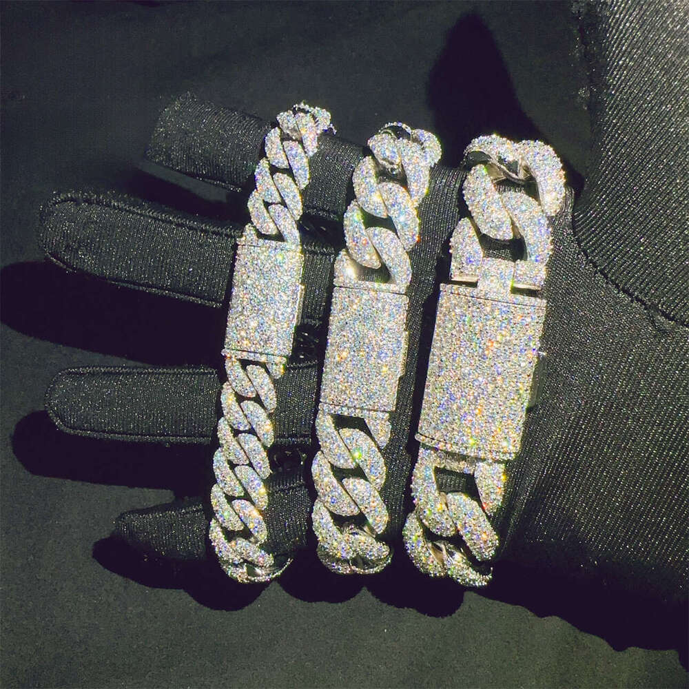 Mosaic Inlay 12 15 18 mm Sterling Silver 925 VVS Hip Hop Cuban Chain Moissanite Bracelet - view 7