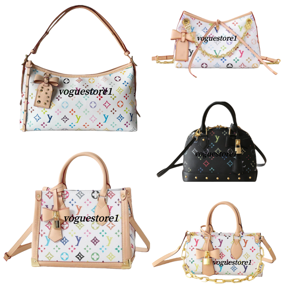 luxury designer monogram multicolor shourder bag murakami women coated canvas rainbow hues bow padlock accents adjustable strap top handle shell bag crossbody bag