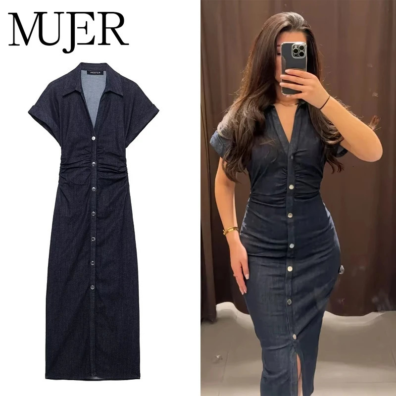 MUJER 2026 Denim Long Dress Woman Button Pleated Midi Dresses for Women Short Sleeve Jeans Womens Dress Spring Holiday Dresses 260109