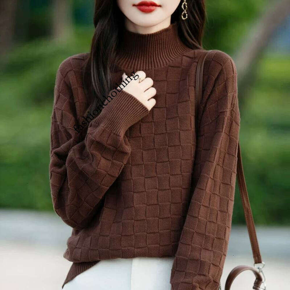 Zhehan Autumn And Winter New Women's 100% Cotton Sweater Half High Collar Pullover Shirt Square Pattern Loose Fashion Knitted Top