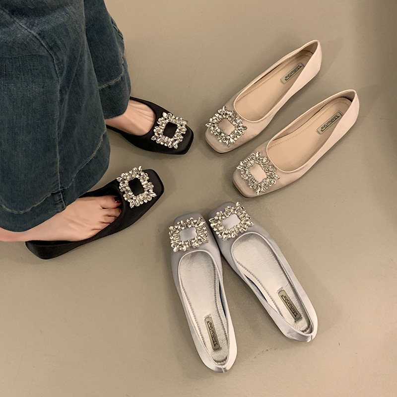 Elegant luxury Sandals 2026 Women's Square Toe Ballet Flats Rhinestone Buckle Satin Dress Shoes Free Shipping