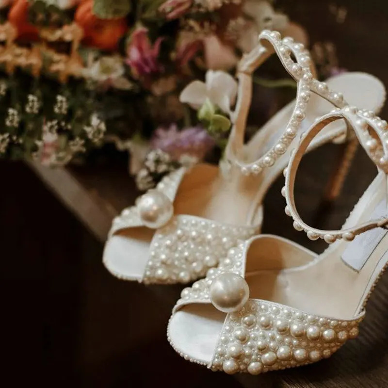 2025 Handmade Pearl Leather High Heels Sweet Princess Shoes Bride Wedding Shoes Fish Mouth Fashion Stiletto Sandals Women 260114
