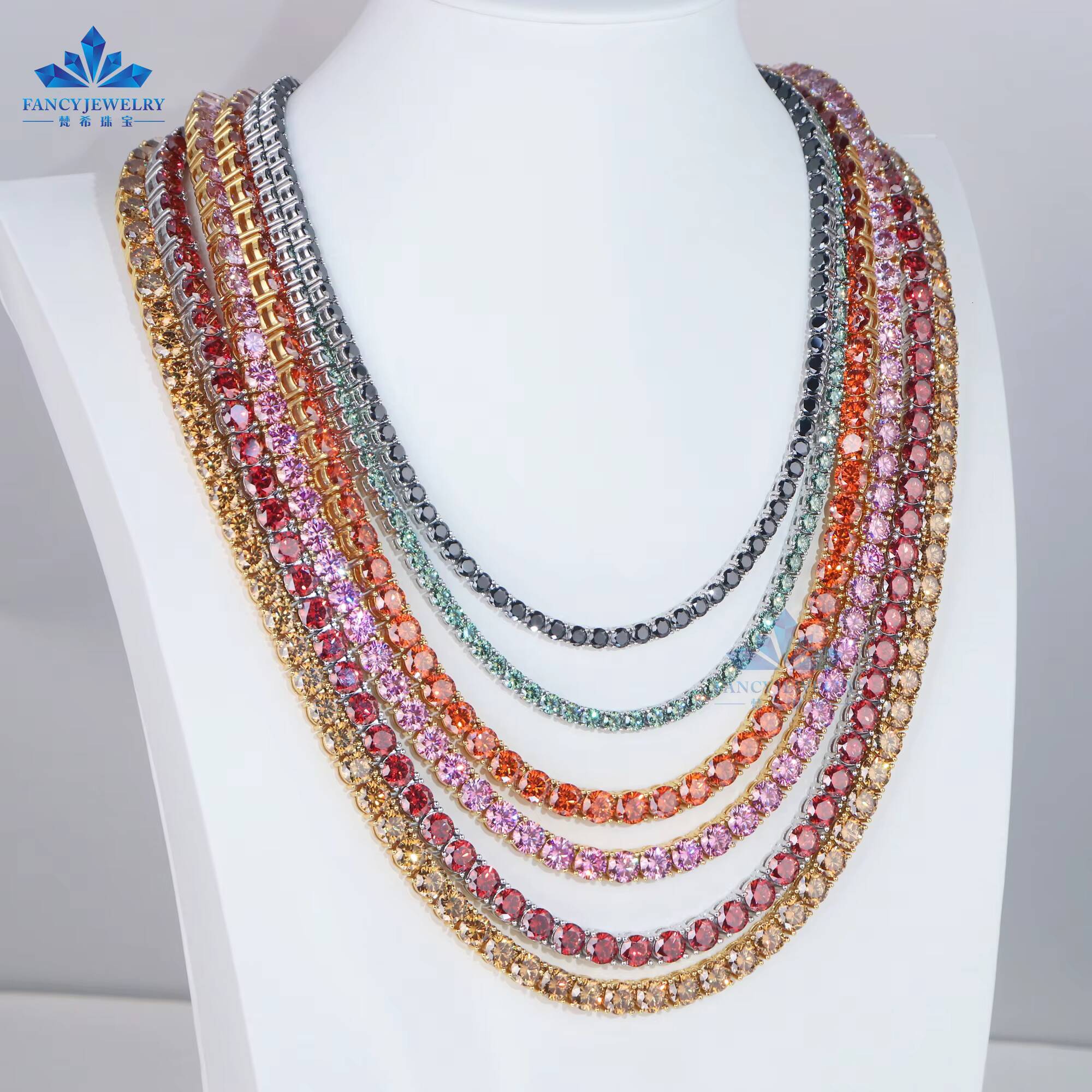 Garnet Red Tennis Chain Bling HipHop Jewelry Iced Out VVS Moissanite Diamond Necklace 3mm 4mm 5mm 65mm Colored Chain