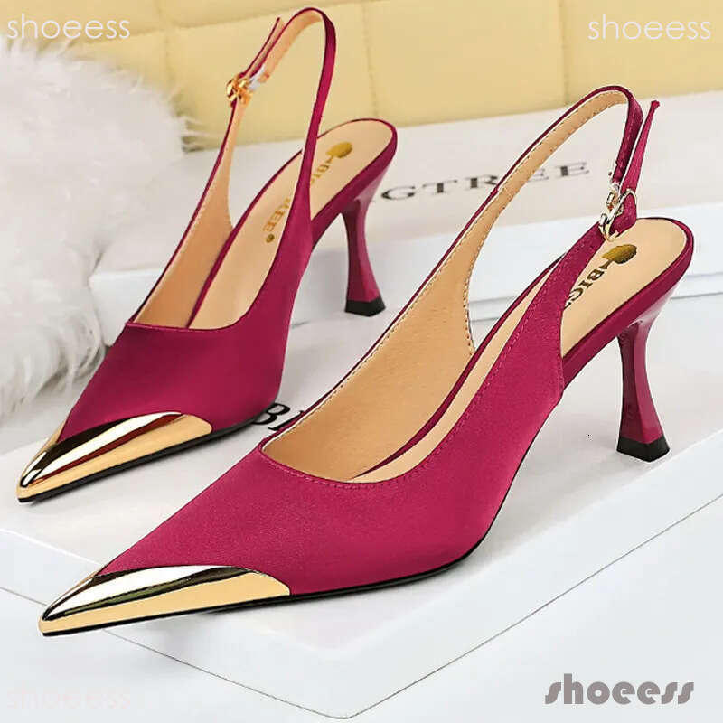 heels Shoes 7 Cm Metal Pointed Silks Satins Kitten Heels Hollow Back Women Sandals Sexy Lady Pumps