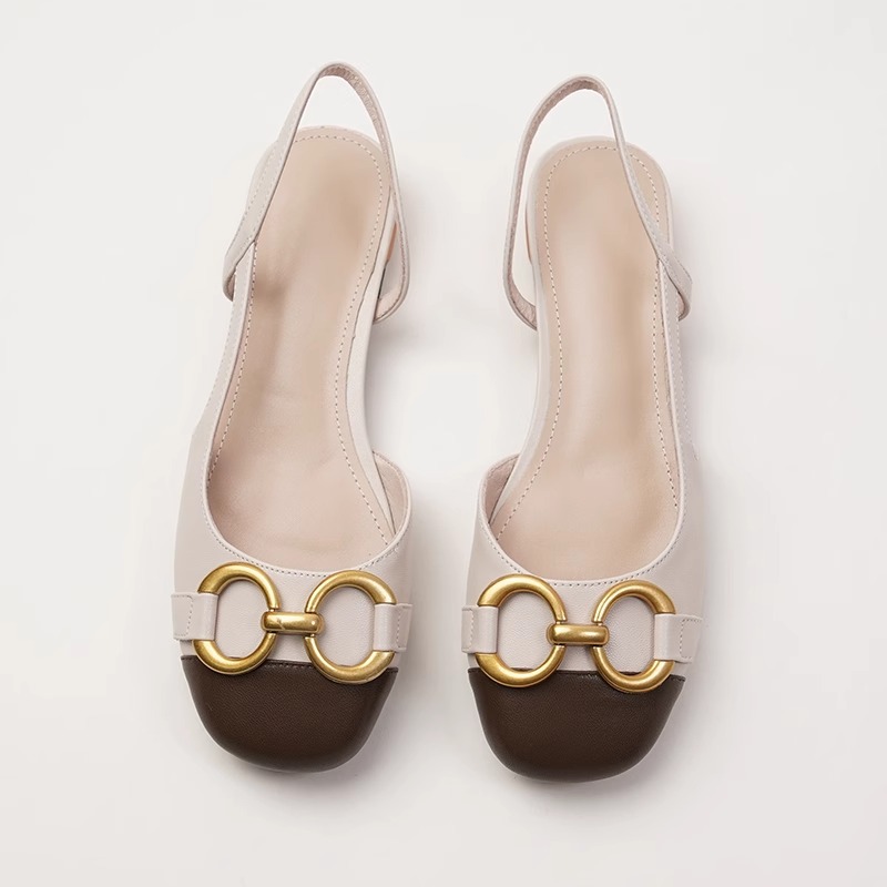 Luxury Sandals 2026 Women's Beige & Brown Cap Toe Slingback Flats Gold Horsebit Buckle Casual Dress Shoes Free Shipping